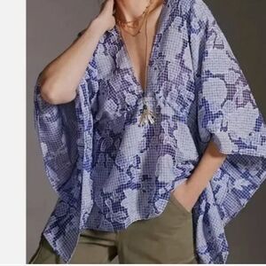 Anthropology Tie-Front Blue Floral Caftan One Size